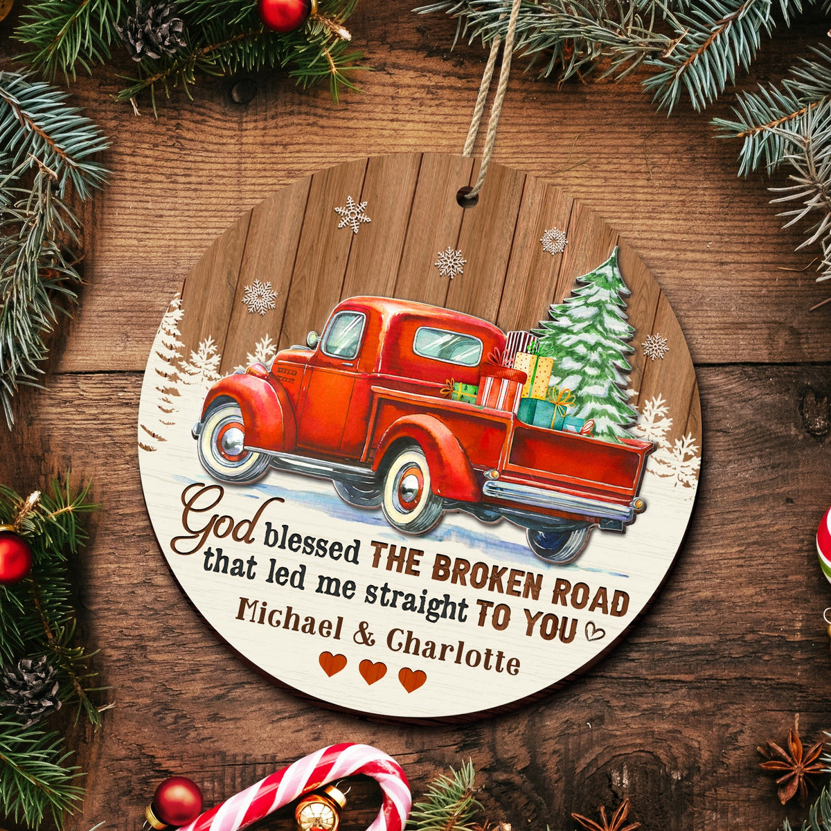 God Blessed The Broken Road - Christmas Gifts For Couples, Husband, Wife - Personalized 2-Layered Wooden Ornament