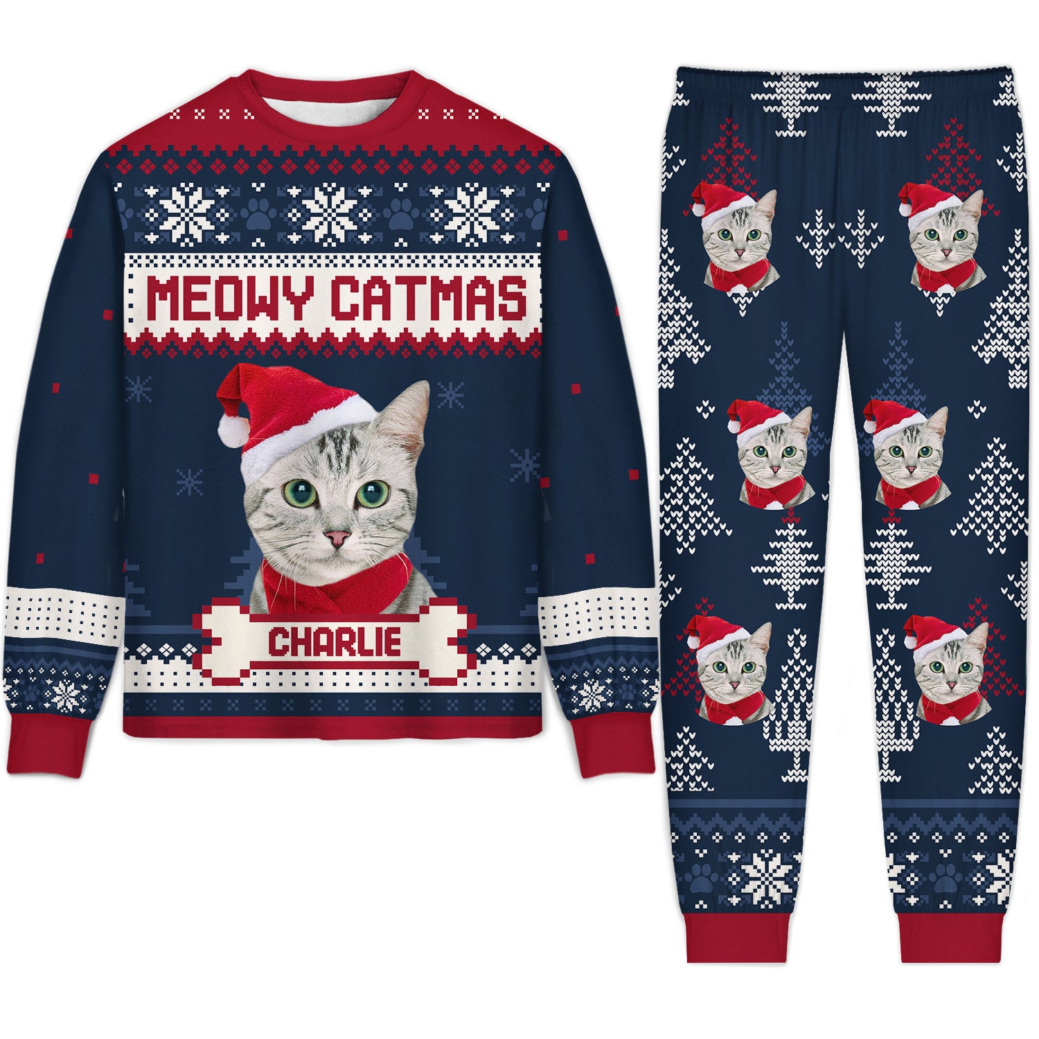 Custom Photo Meowy Catmas Feliz Navidog - Christmas Gift For Cat Lovers, Dog Lovers, Pet Owners - Personalized Unisex Pajamas Set