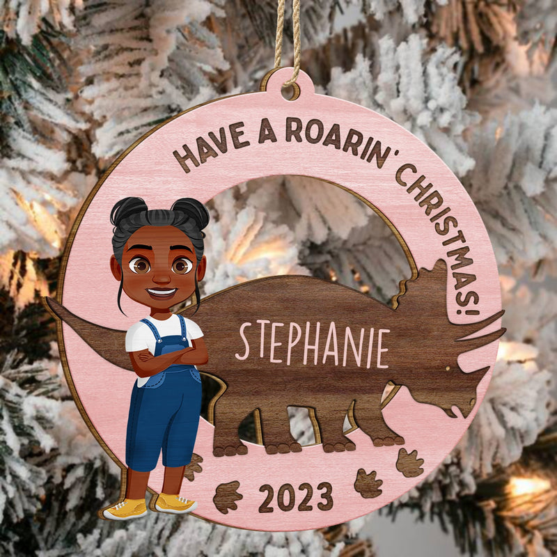 Have A Roarin' Christmas - Xmas Gift For Kid, Baby Loving Dinosaur - Personalized Wooden Cutout Ornament