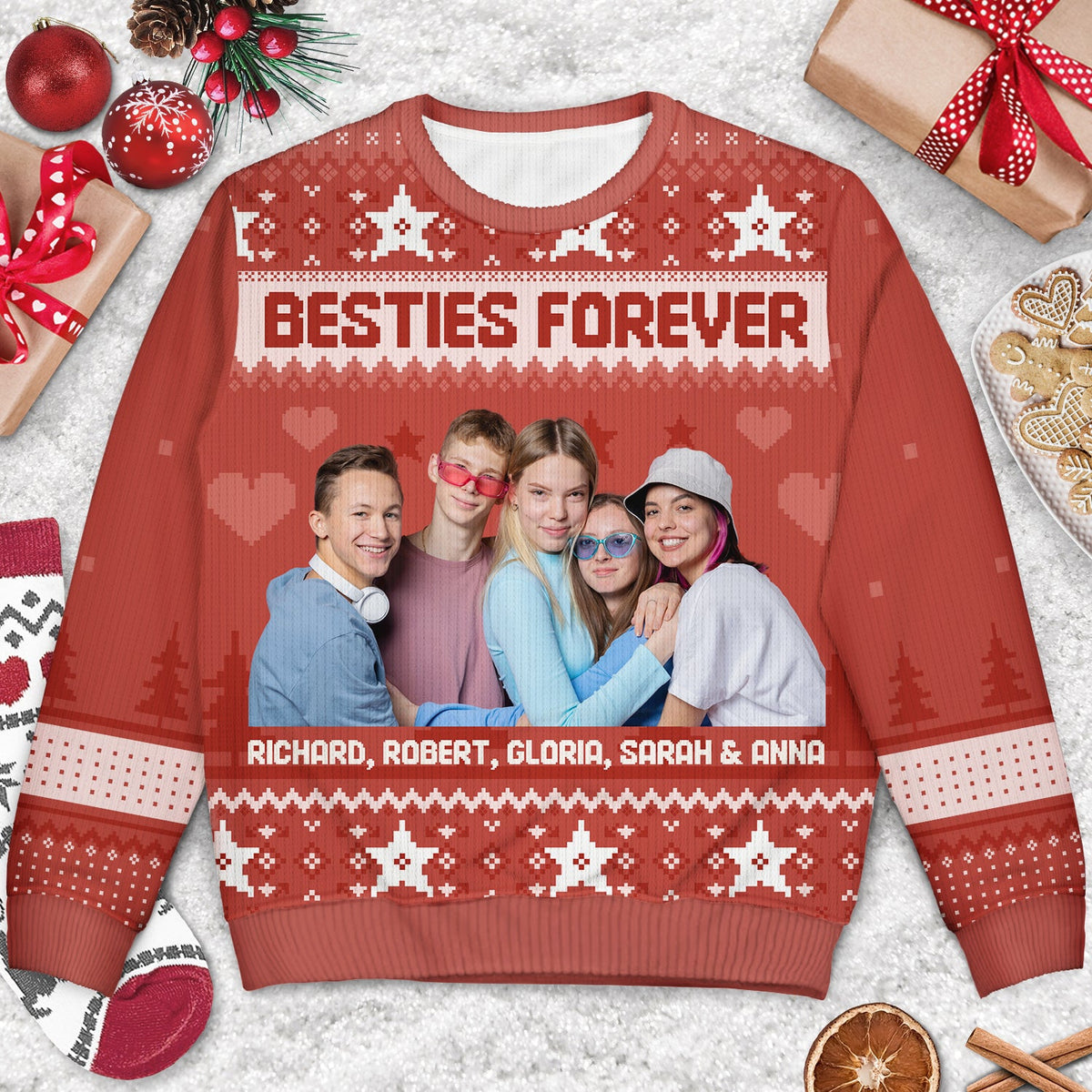 Version photo personnalisée 2 - Cadeau de vacances pour famille, couple, papa, maman, grand-père, grand-mère - Pull moche unisexe personnalisé