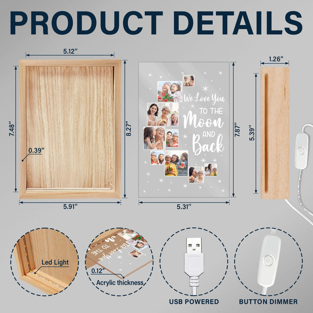 Custom Photo Love You To The Moon And Back - Birthday, Loving Gift For Mom, Dad, Grandma, Family - Personalized Picture Frame Light Box