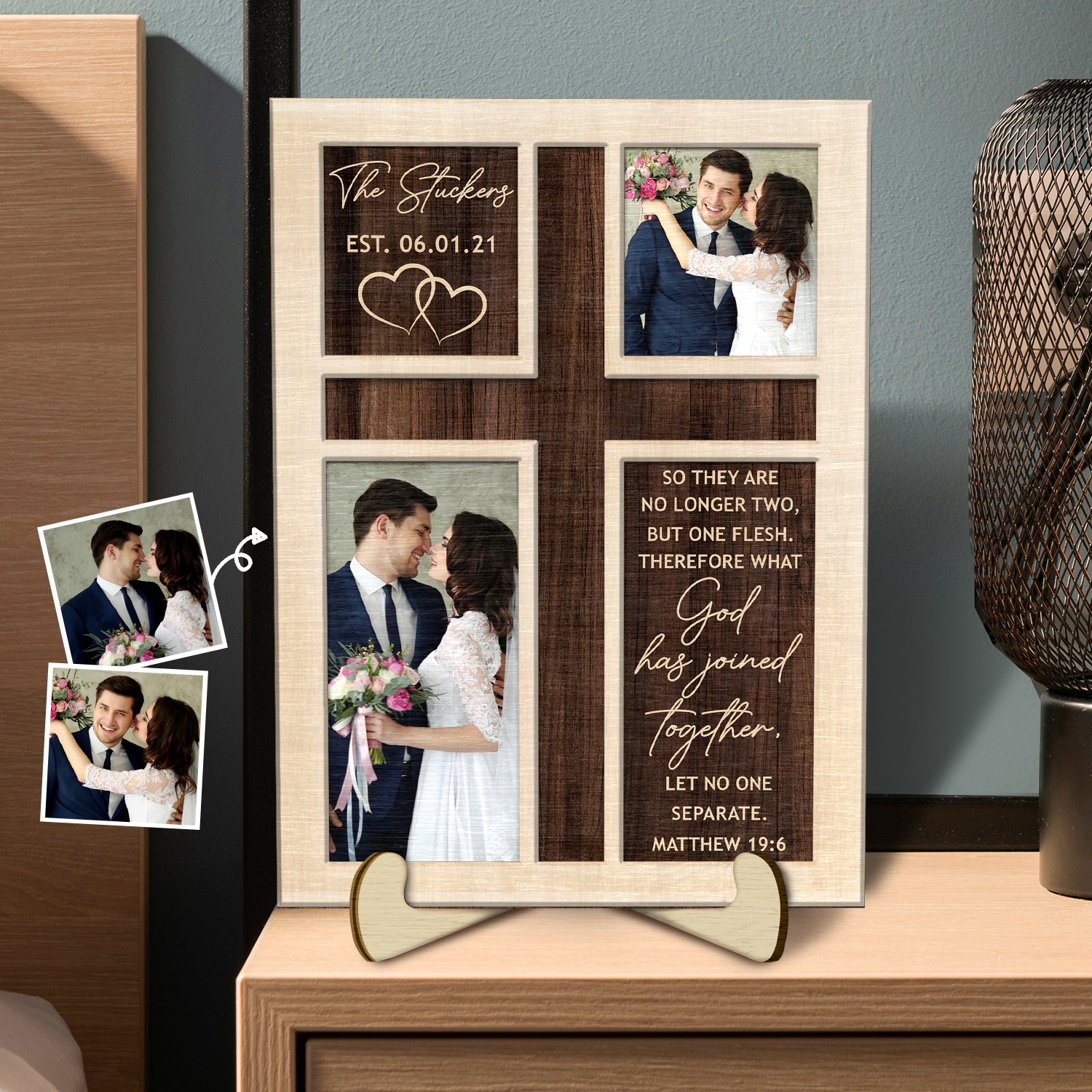 Custom Photo So They Are No Longer Two - Loving, Anniversary Gift For Married Couple, Spouse, Husband, Wife - Personalized 2-Layered Wooden Plaque With Stand
