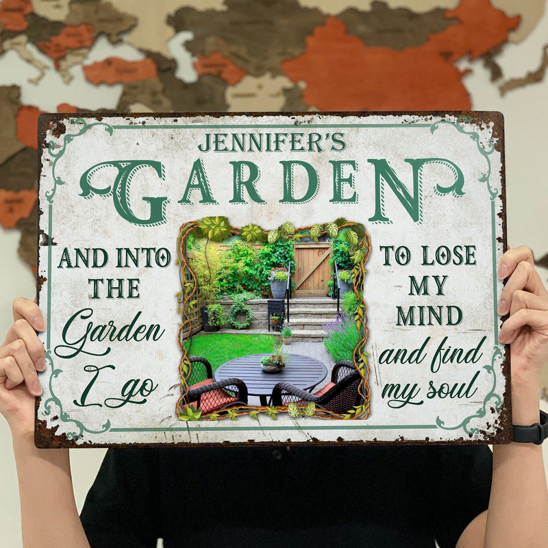 Custom Photo And Into The Garden I Go To - Outdoor Decor For Garden Lovers - Personalized Classic Metal Signs