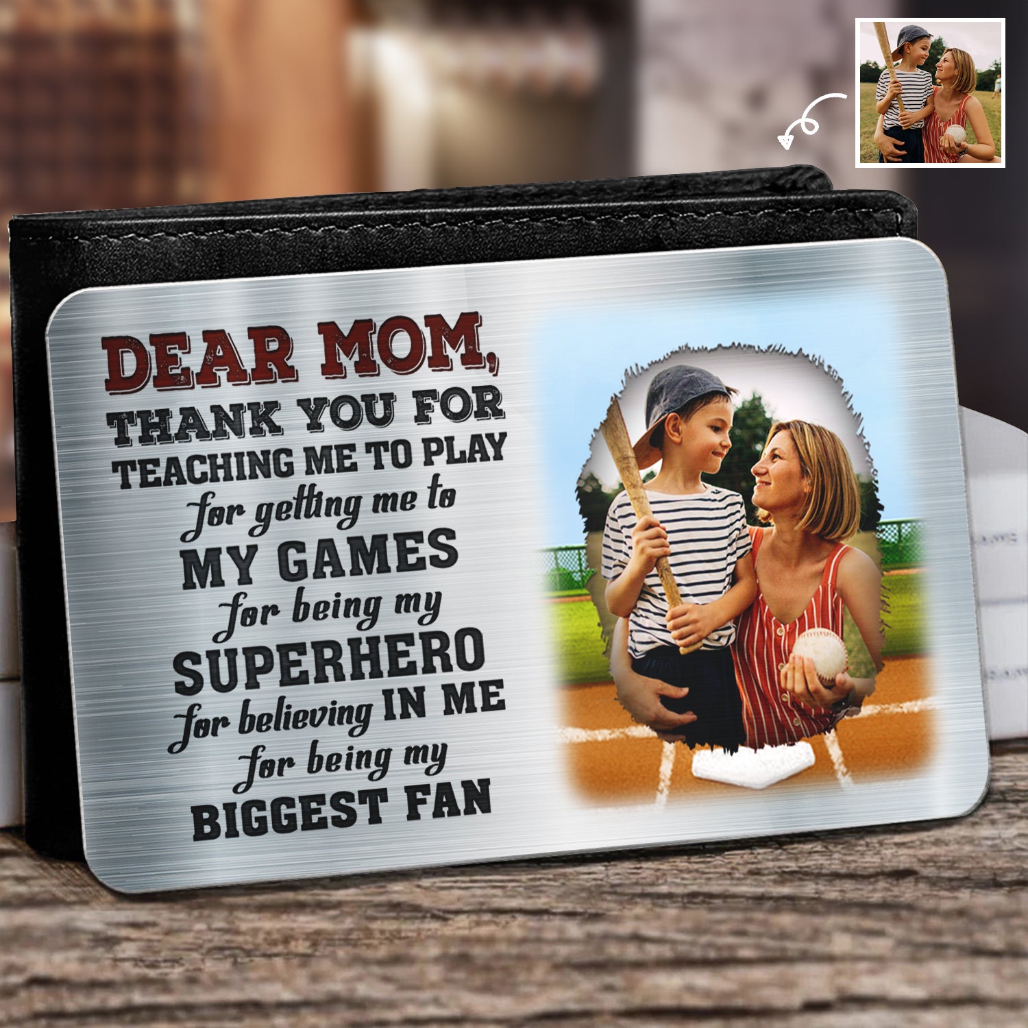 Custom Photo Dear Mom Thank You For Teaching Me - Birthday, Loving Gift For Baseball, Softball Mother - Personalized Aluminum Wallet Card