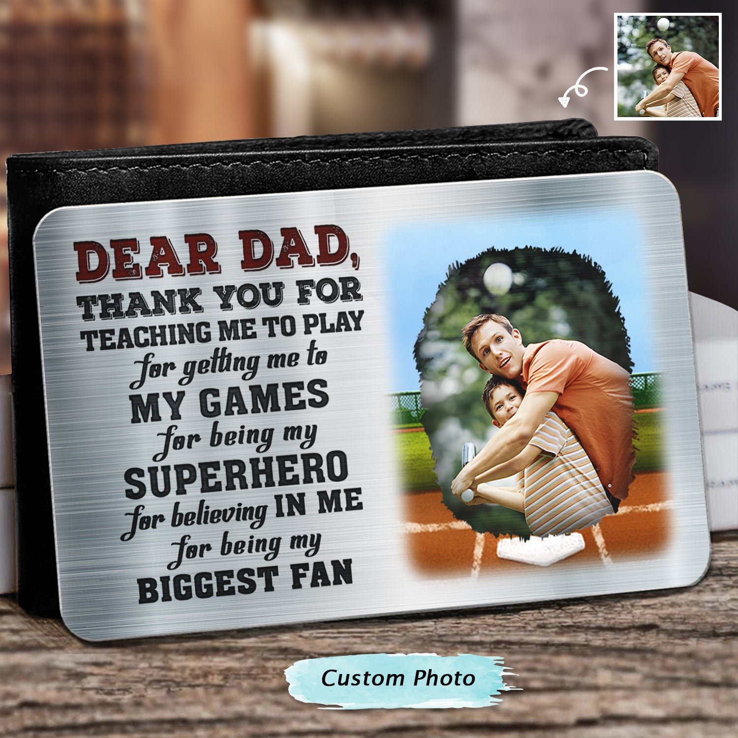 Custom Photo Dear Dad Thank You For Teaching Me - Birthday, Loving Gift For Baseball, Softball Father - Personalized Aluminum Wallet Card