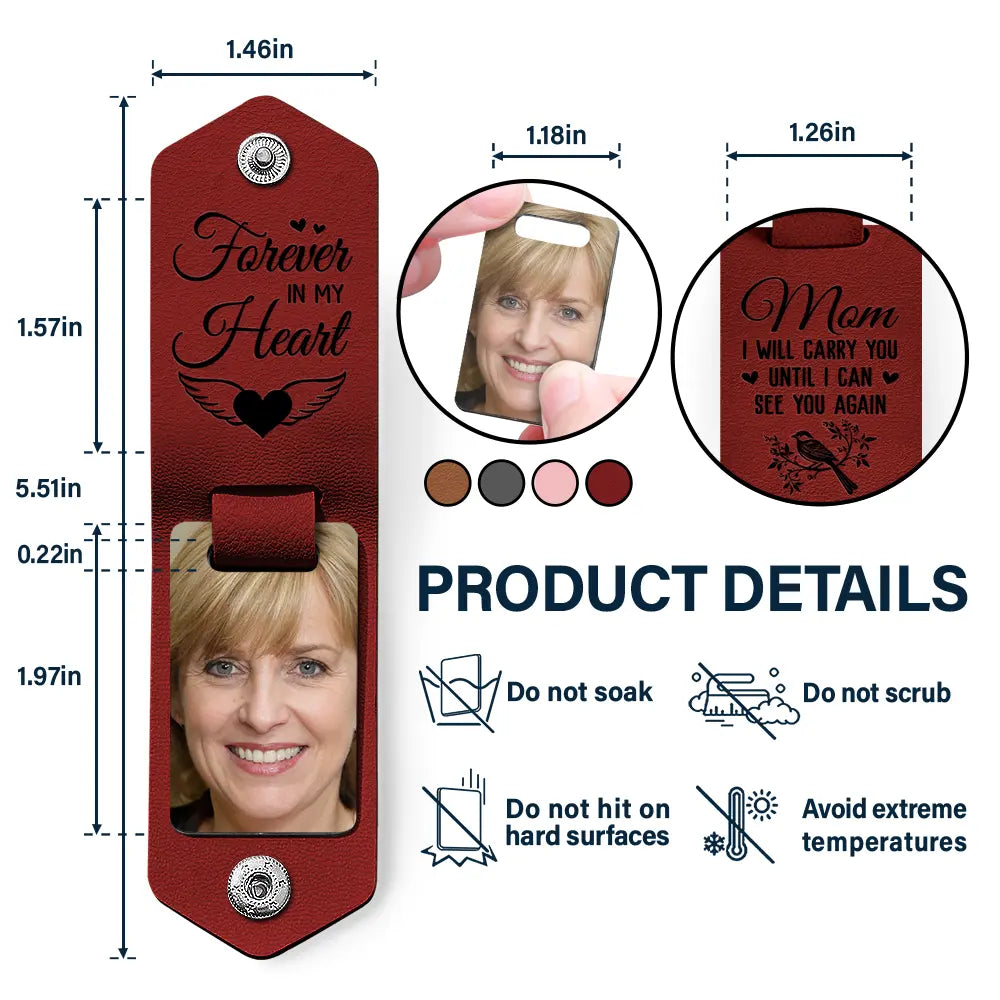 Porte-clés photo personnalisé en cuir avec photo « Je te porterai jusqu'à ce que je te revoie » - Cadeau commémoratif pour la famille