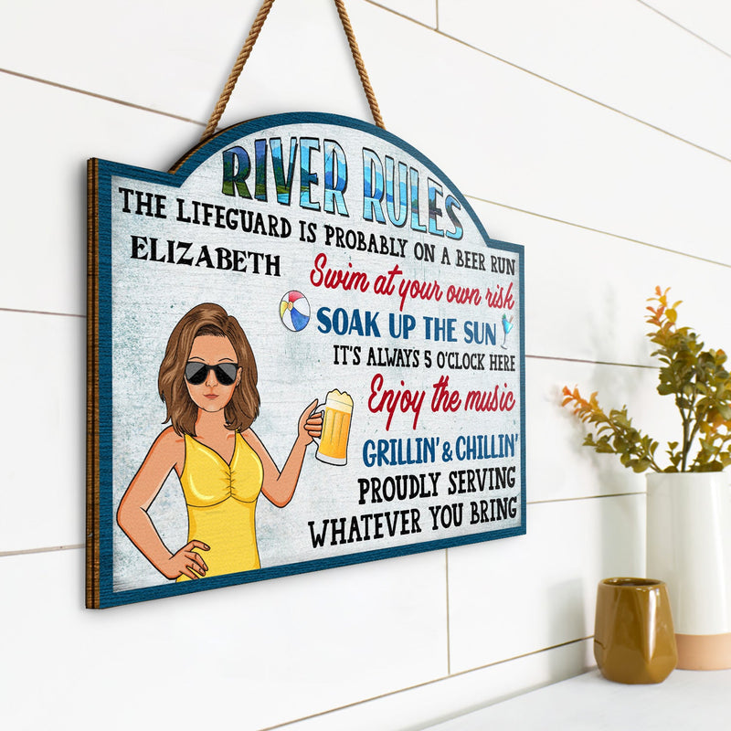 Pool Rules Swim At Your Own Risk Grilling Family - Home Decor, Backyard Decor, Gift For Her, Him, Couples, Husband, Wife - Personalized Custom Shaped Wood Sign