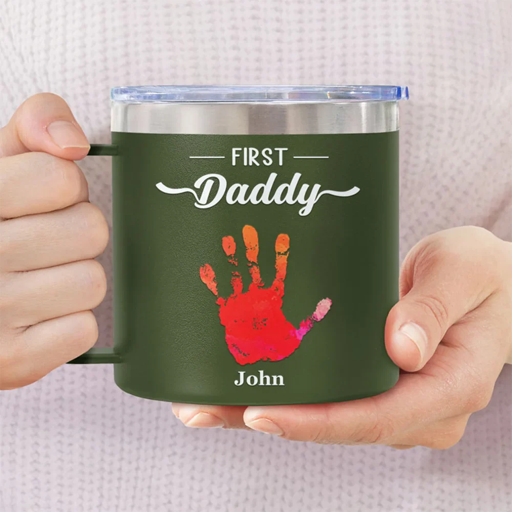 Premier papa, maintenant grand-père - Gobelet personnalisé en acier inoxydable de 14 oz avec poignée