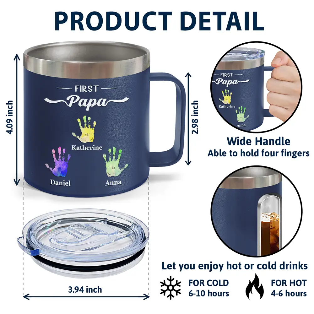 Premier papa, maintenant grand-père - Gobelet personnalisé en acier inoxydable de 14 oz avec poignée