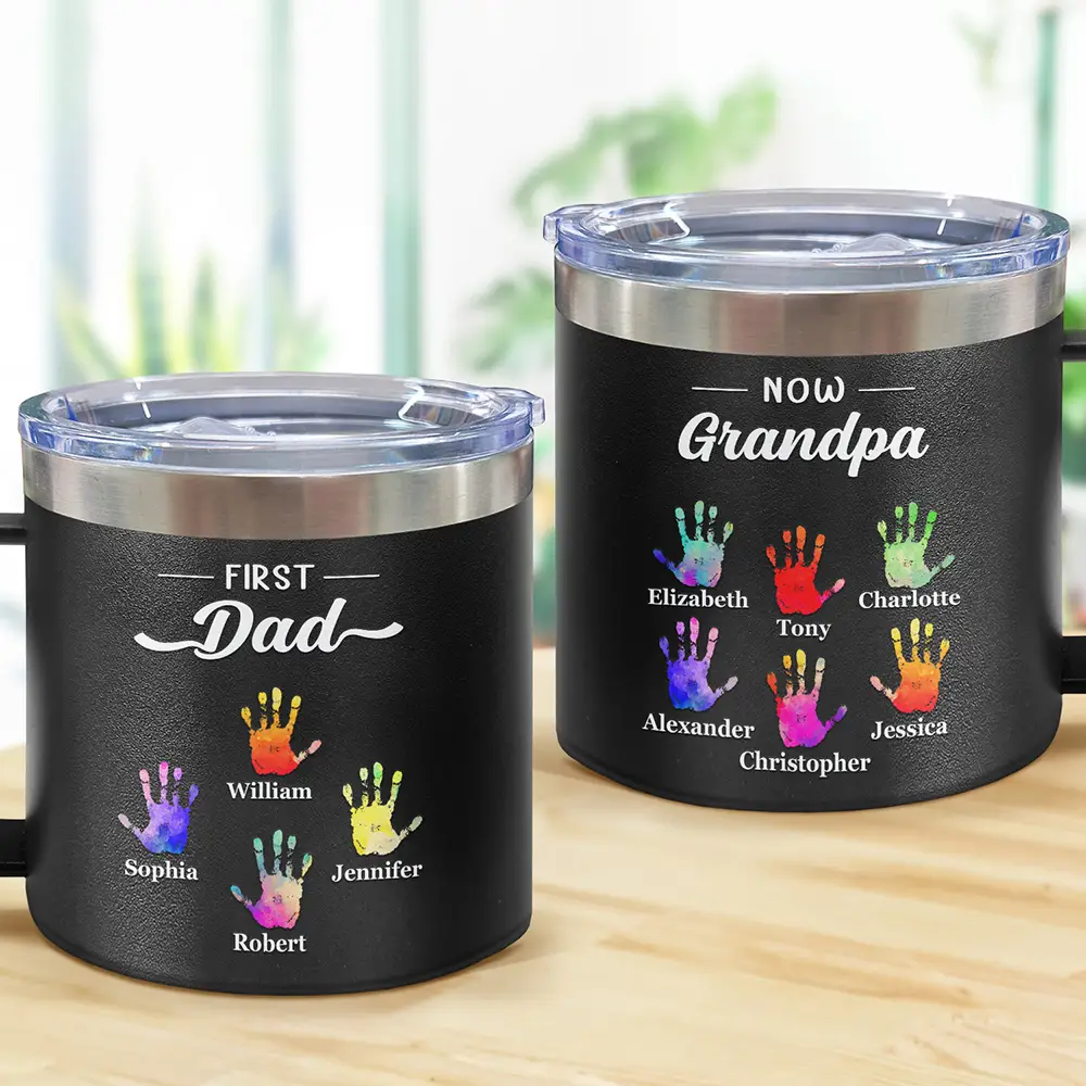 Premier papa, maintenant grand-père - Gobelet personnalisé en acier inoxydable de 14 oz avec poignée