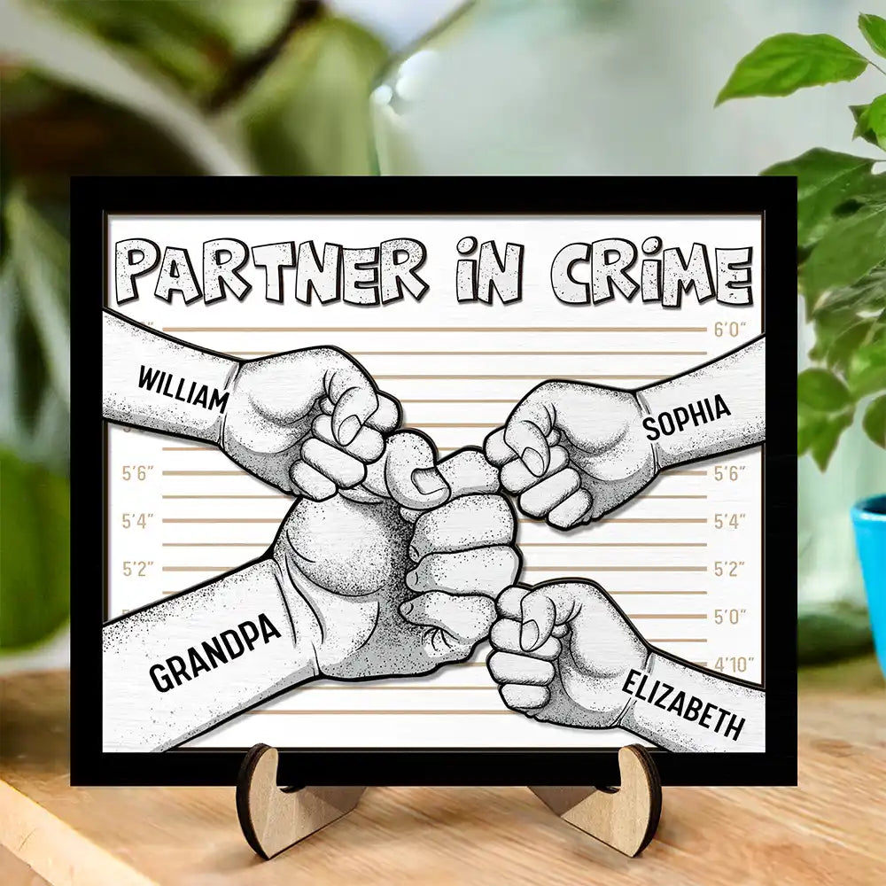 Partner In Crime Grandpa And Grandkids - Personalized 2-Layered Wooden Plaque With Stand