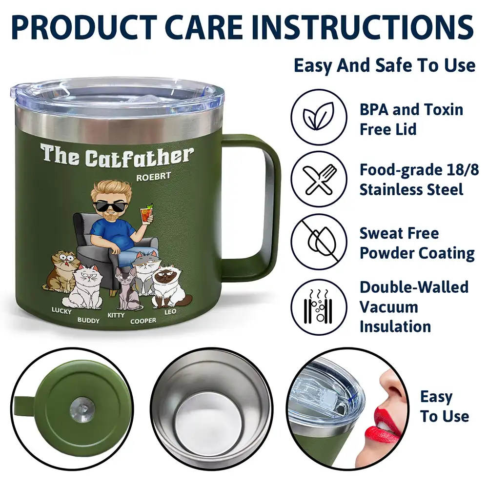 The Catfather Catmother - Personalized 14oz Stainless Steel Tumbler With Handle