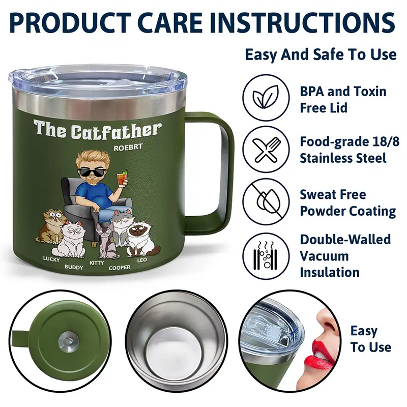 The Catfather Catmother - Personalized 14oz Stainless Steel Tumbler With Handle