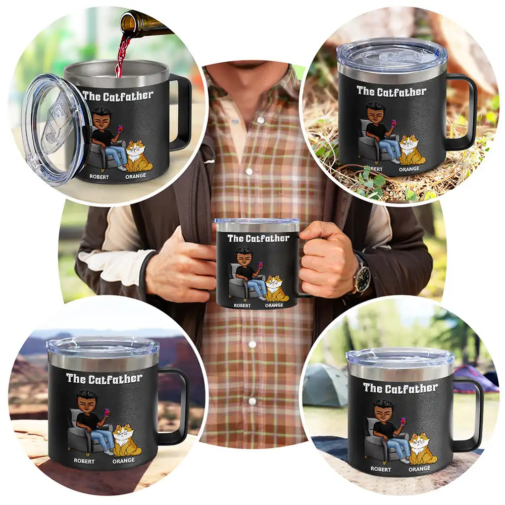 The Catfather Catmother - Personalized 14oz Stainless Steel Tumbler With Handle