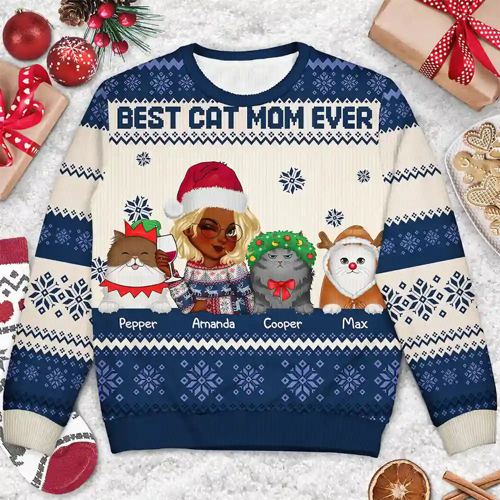 La meilleure maman chat de tous les temps pour Noël - Pull moche unisexe personnalisé 