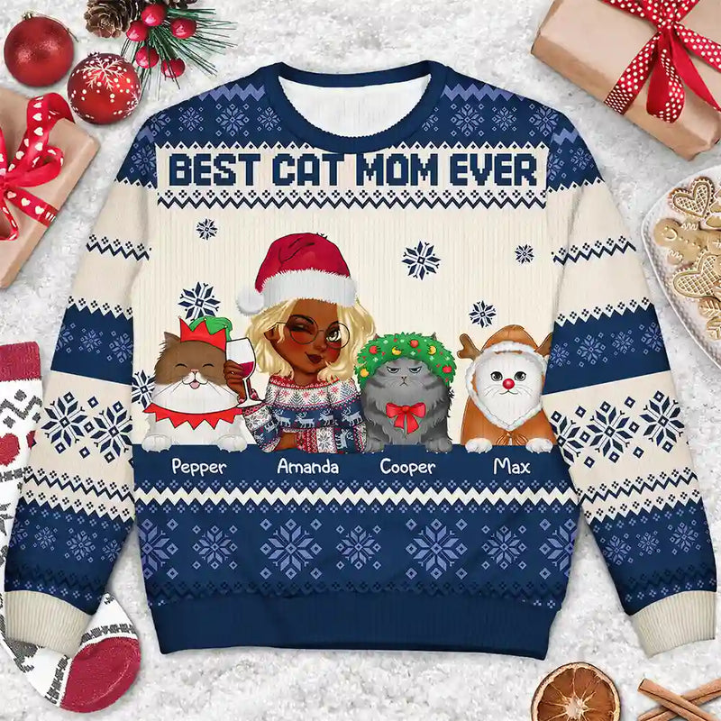 Best Cat Mom Ever Christmas - Personalized Unisex Ugly Sweater