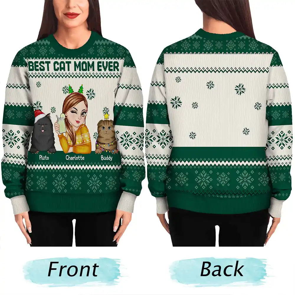 Best Cat Mom Ever Christmas - Personalized Unisex Ugly Sweater