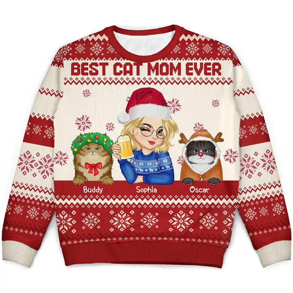 Best Cat Mom Ever Christmas - Personalized Unisex Ugly Sweater