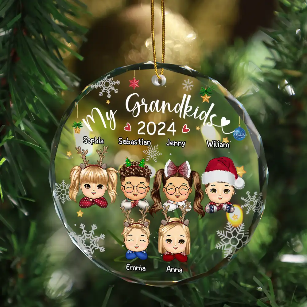 My Grandkids Grandparents Family Chibi - Personalized Circle Glass Ornament