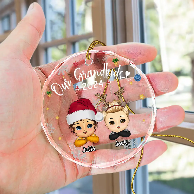 My Grandkids Grandparents Family Chibi - Personalized Circle Glass Ornament