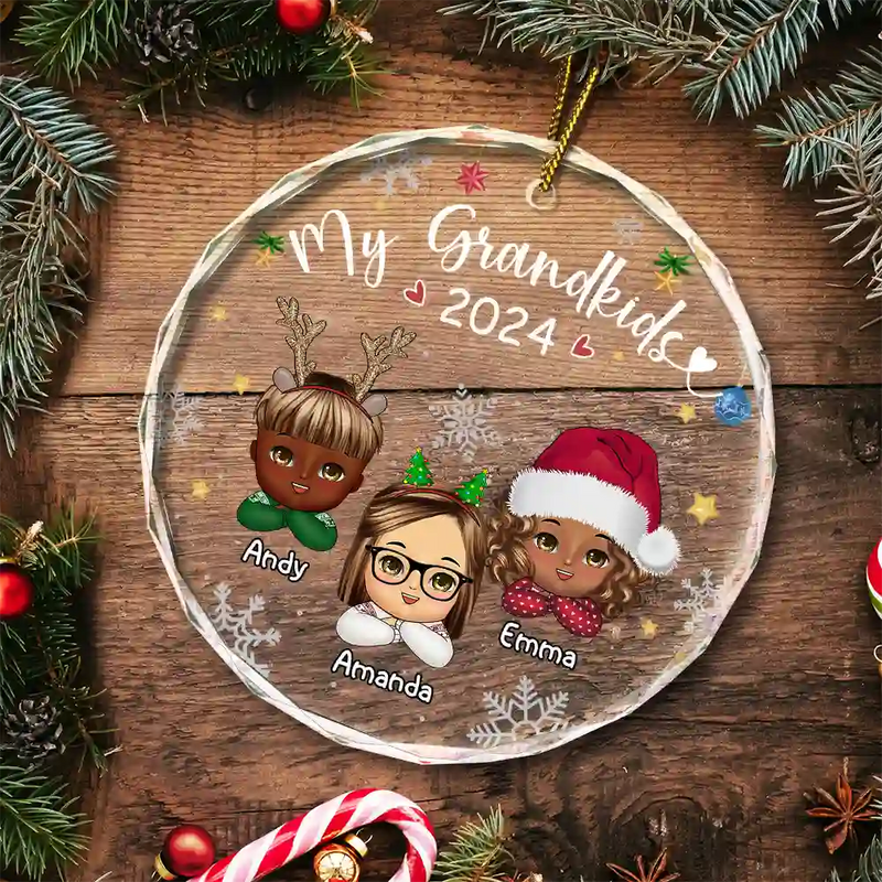 My Grandkids Grandparents Family Chibi - Personalized Circle Glass Ornament