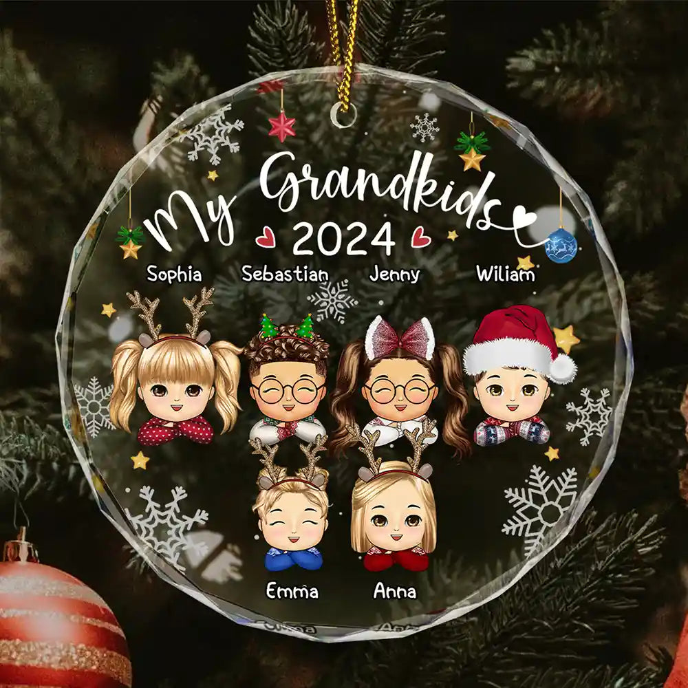 My Grandkids Grandparents Family Chibi - Personalized Circle Glass Ornament