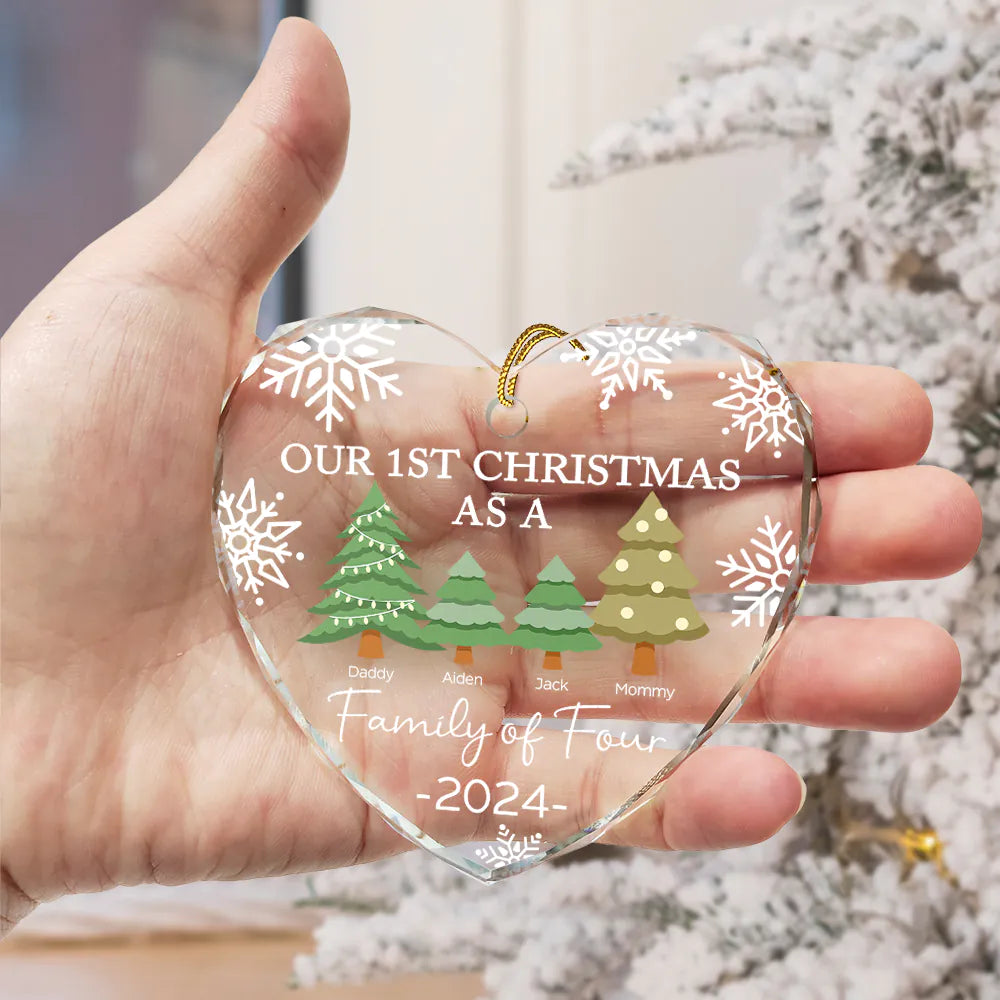 Family  - First Christmas As A Family Of Three - Personalized Heart Shaped Glass Ornament