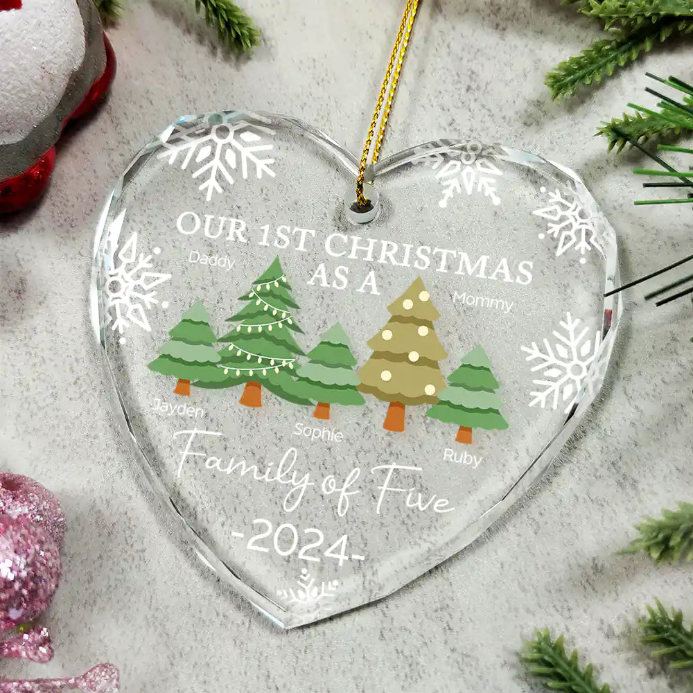 Family  - First Christmas As A Family Of Three - Personalized Heart Shaped Glass Ornament