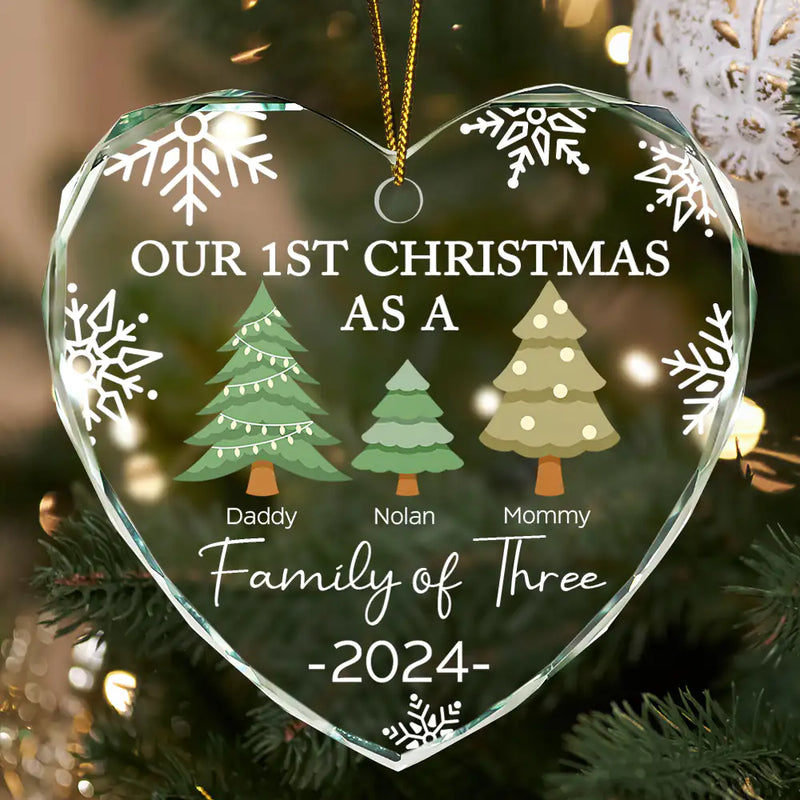 Family  - First Christmas As A Family Of Three - Personalized Heart Shaped Glass Ornament