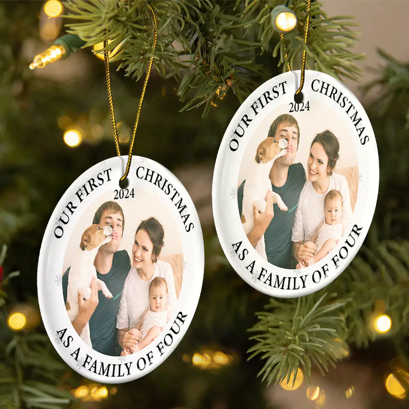 Family - Custom Photo First Christmas As A Family Of Three New Parents - Personalized Circle Ceramic Ornament