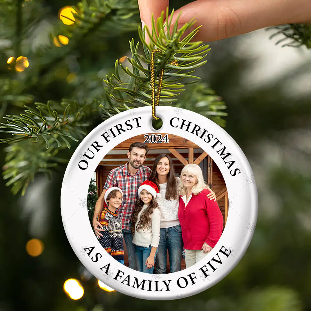 Family - Custom Photo First Christmas As A Family Of Three New Parents - Personalized Circle Ceramic Ornament