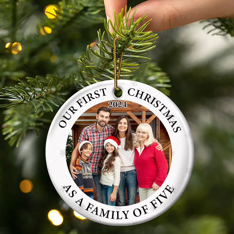 Family - Custom Photo First Christmas As A Family Of Three New Parents - Personalized Circle Ceramic Ornament