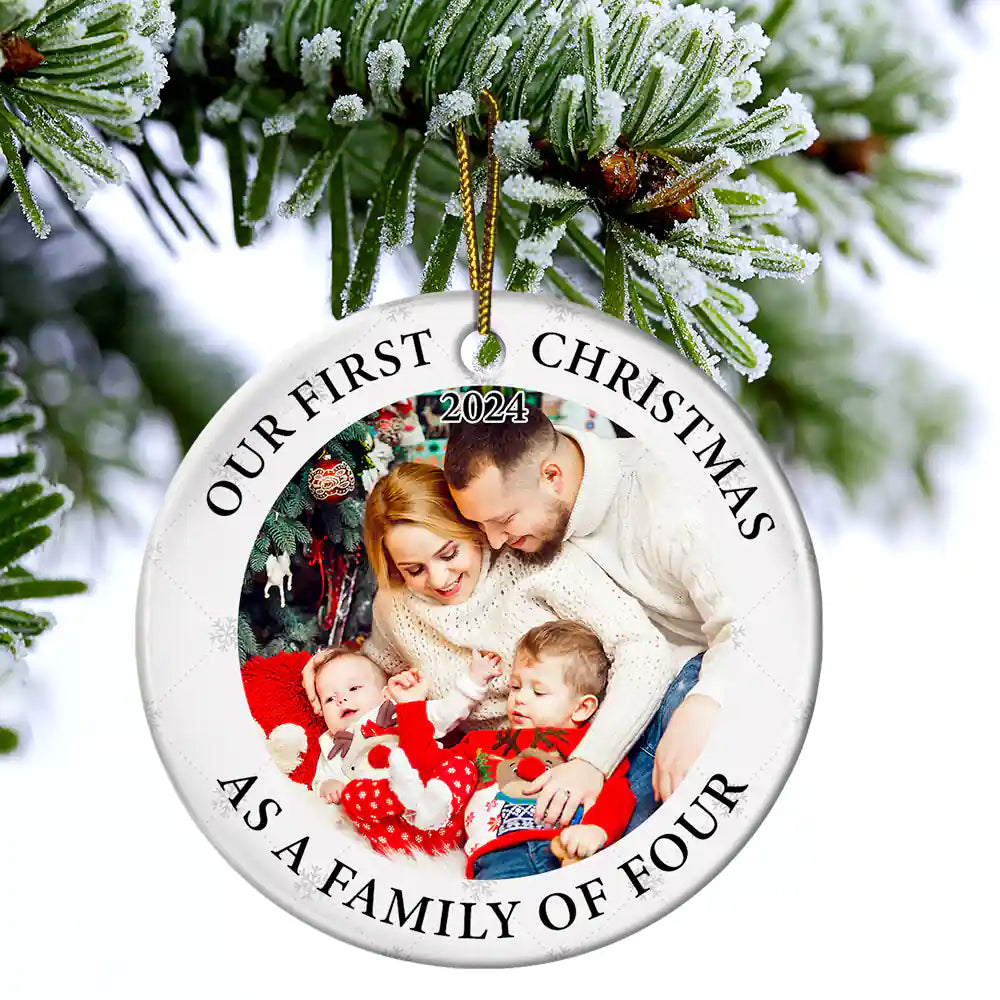 Family - Custom Photo First Christmas As A Family Of Three New Parents - Personalized Circle Ceramic Ornament