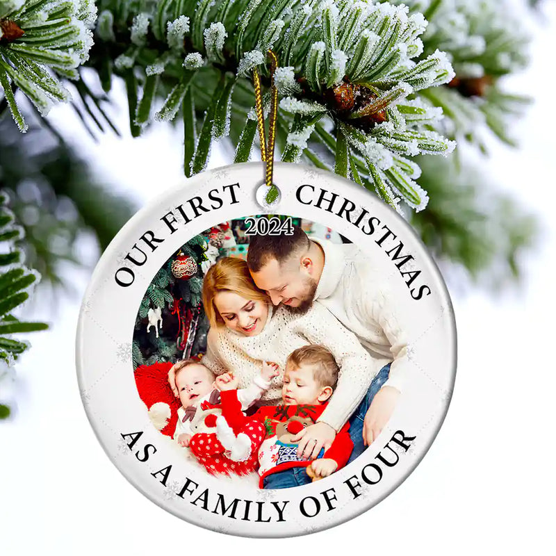 Family - Custom Photo First Christmas As A Family Of Three New Parents - Personalized Circle Ceramic Ornament