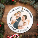 Family - Custom Photo First Christmas As A Family Of Three New Parents - Personalized Circle Ceramic Ornament