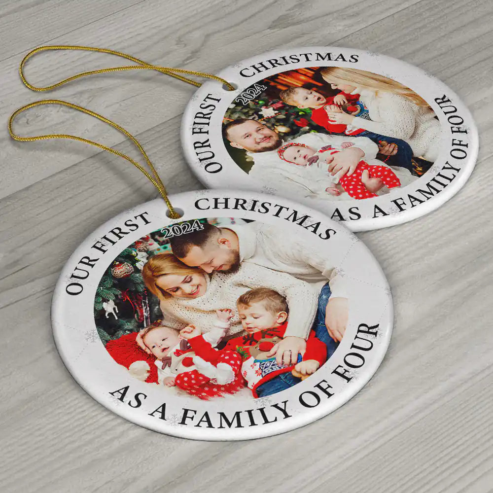 Family - Custom Photo First Christmas As A Family Of Three New Parents - Personalized Circle Ceramic Ornament