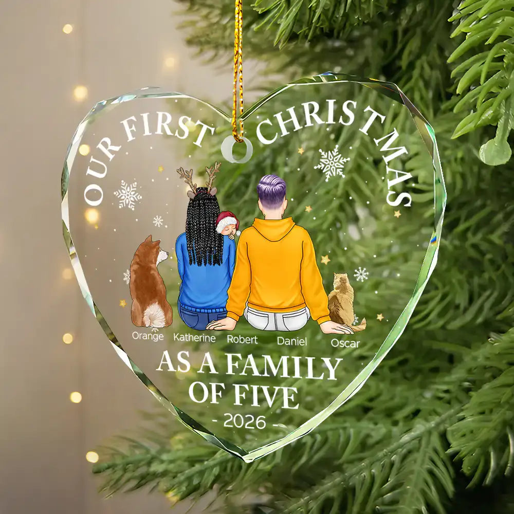 First Christmas As A Family Of Three New Parents - Personalized Heart Shaped Glass Ornament