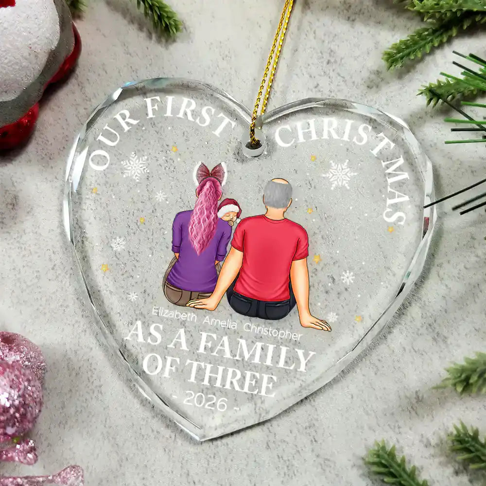 First Christmas As A Family Of Three New Parents - Personalized Heart Shaped Glass Ornament