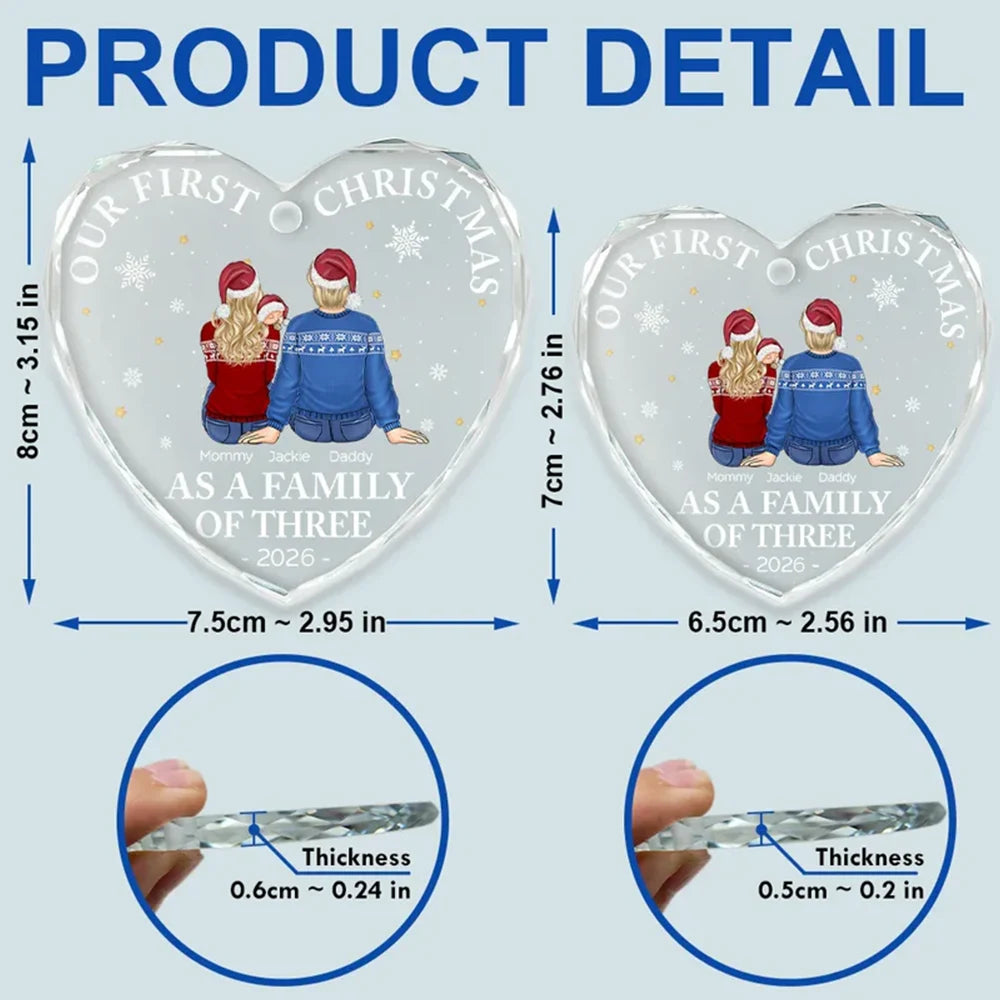 First Christmas As A Family Of Three New Parents - Personalized Heart Shaped Glass Ornament