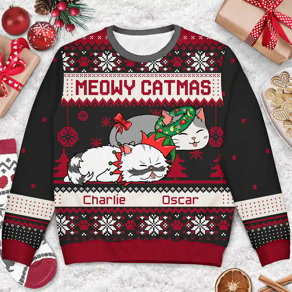 Cat Lovers - Lying Cat Meowy Catmas - Personalized Unisex Ugly Sweater