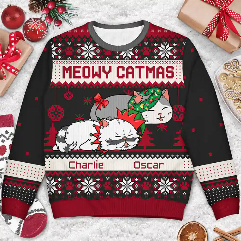 Cat Lovers - Lying Cat Meowy Catmas - Personalized Unisex Ugly Sweater