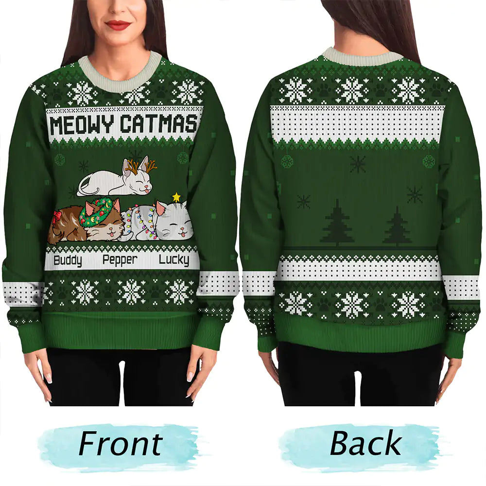 Cat Lovers - Lying Cat Meowy Catmas - Personalized Unisex Ugly Sweater