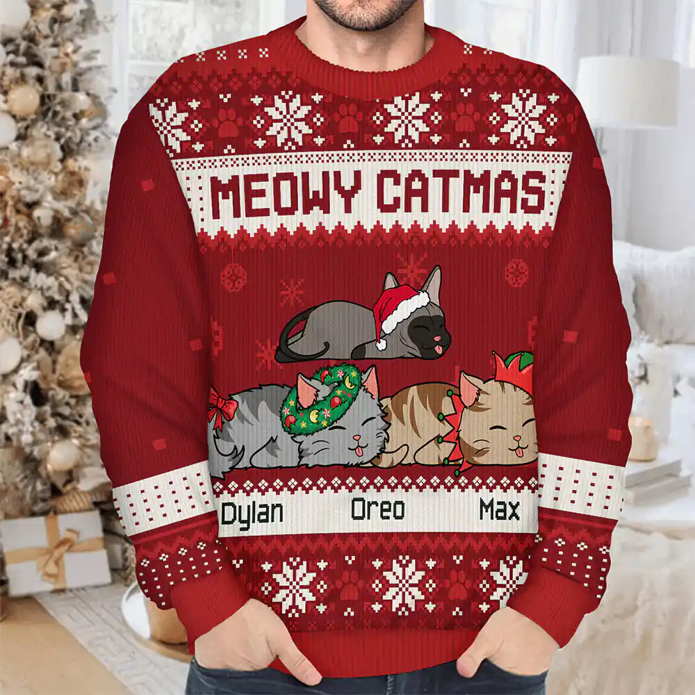 Cat Lovers - Lying Cat Meowy Catmas - Personalized Unisex Ugly Sweater