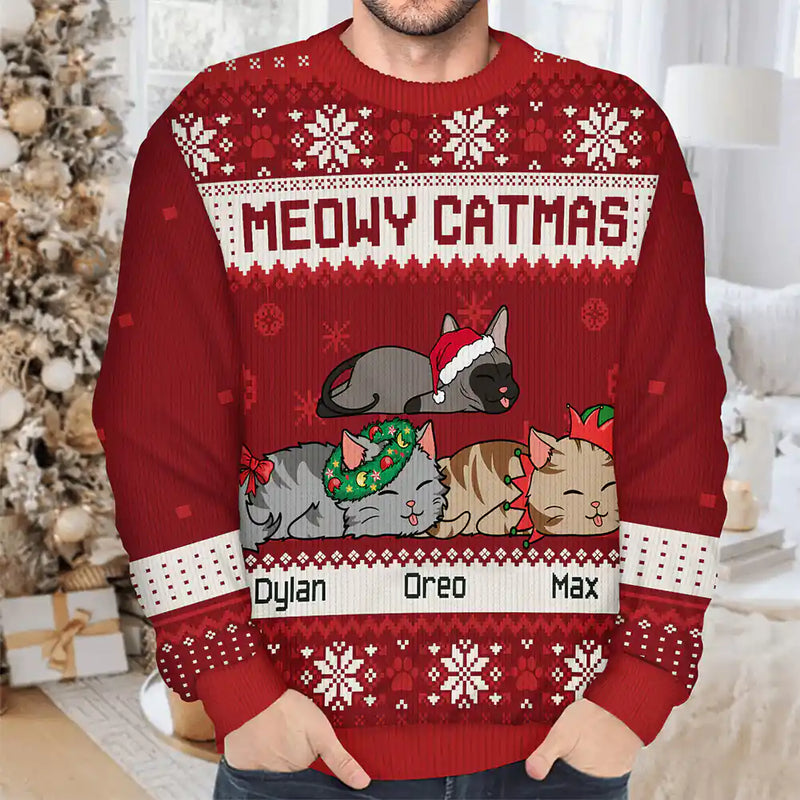 Cat Lovers - Lying Cat Meowy Catmas - Personalized Unisex Ugly Sweater