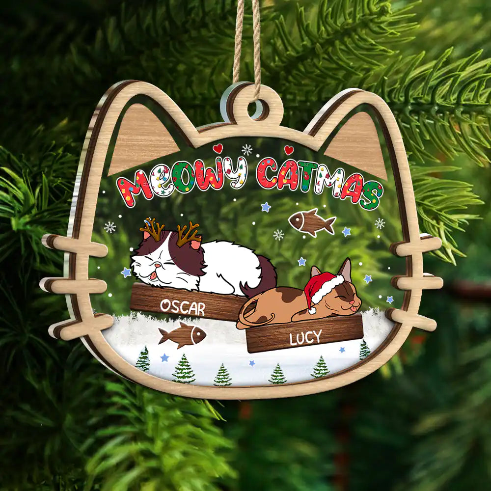 Cat Lovers - Lying Cat Meowy Catmas - Personalized 2-Layered Mix Ornament