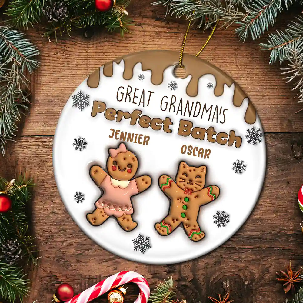 Gift For Grandma, Gift For Mother - Gingerbread Grandma Grandpa Perfect Batch - 3D Inflated Effect Printed Ornament, Personalized Circle Ceramic Ornament