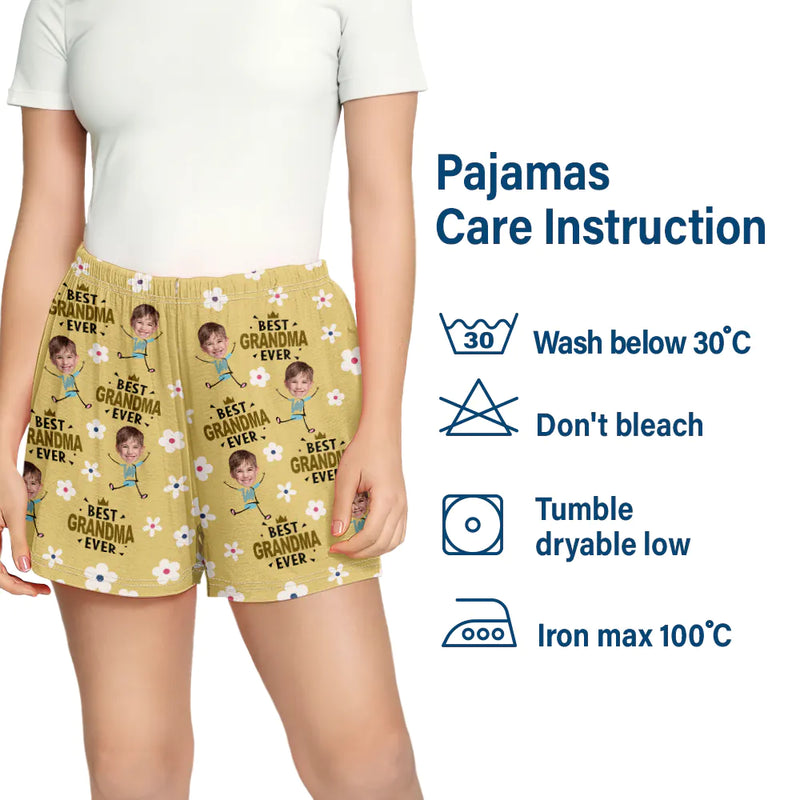 Christmas,Custom Photo,Gift For Mother,Gift For Grandma,Happy - Custom Photo Best Mom Grandma Ever Flower Pattern - Personalized Pajama Shorts