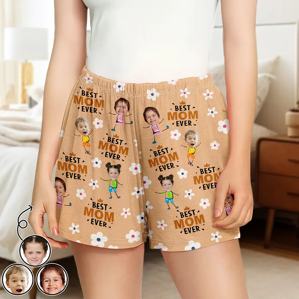 Christmas,Custom Photo,Gift For Mother,Gift For Grandma,Happy - Custom Photo Best Mom Grandma Ever Flower Pattern - Personalized Pajama Shorts