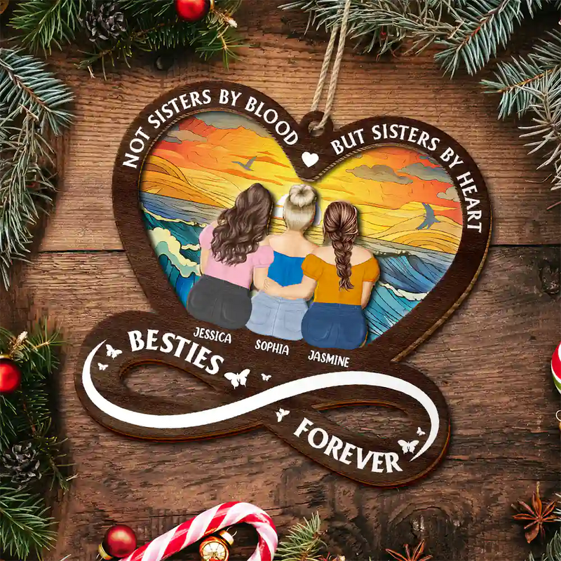 Continue Shopping,Christmas,Happy,Gift For Bestie,Gift For Sisters - Not Sisters By Blood But Sisters By Heart - Personalized 2-Layered Wooden Ornament