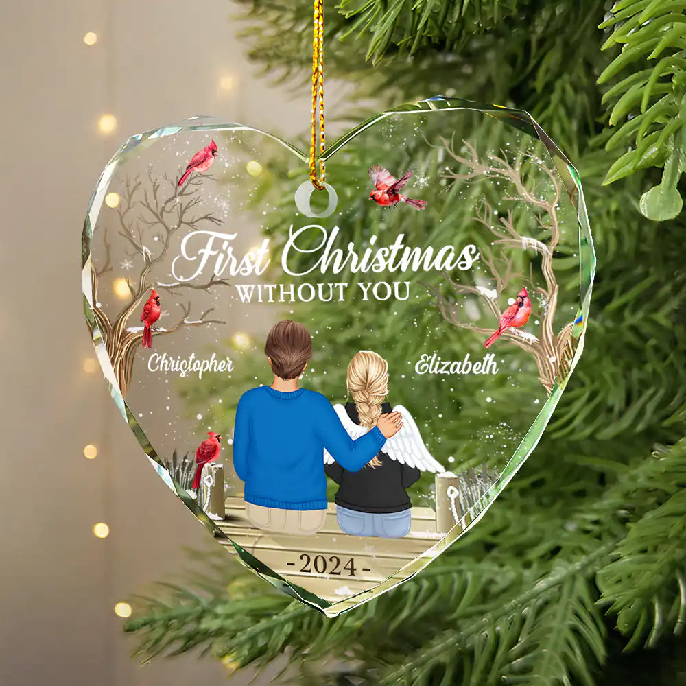 Memorial, Gift For Couples - Memorial First Christmas Without You - Personalized Heart Shaped Glass Ornament
